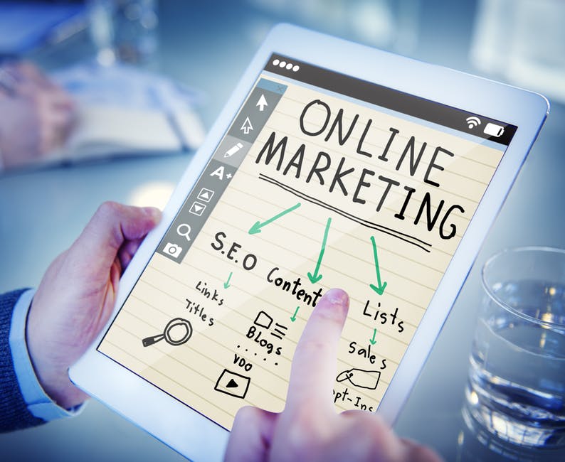 online marketing and related terms on tablet